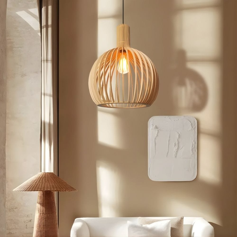 Lustre Bois Cloche Beige