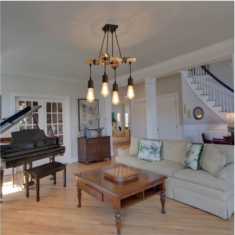 Lustre Industriel Bois 4 Ampoules Beige